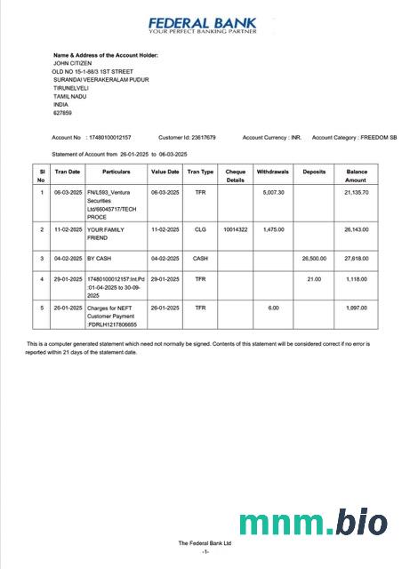 Wyciąg z Banku Federalnego w Indiach łatwy do wypełnienia szablon .xls i .format pliku pdf